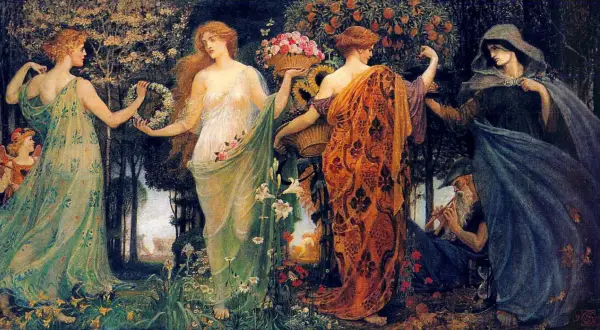 Quatre femmes, peut-être des filles de Zeus, dans un jardin luxuriant. L'une tient une couronne, une autre un panier de fleurs. Un vieil homme joue de la flûte.