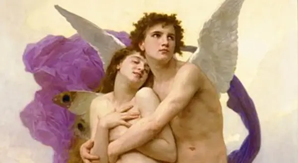 Psyché et Amour, une interprétation du mythe. La jeune femme s'appuie sur son amant, ailes déployées, dans une scène tendre.