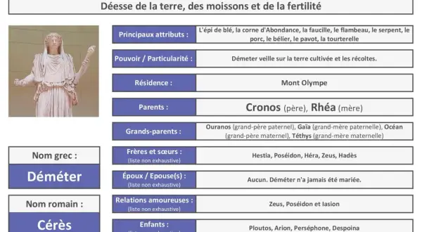 Déméter, déesse de la terre, a pour parents Cronos et Rhéa. Elle veille sur les récoltes.