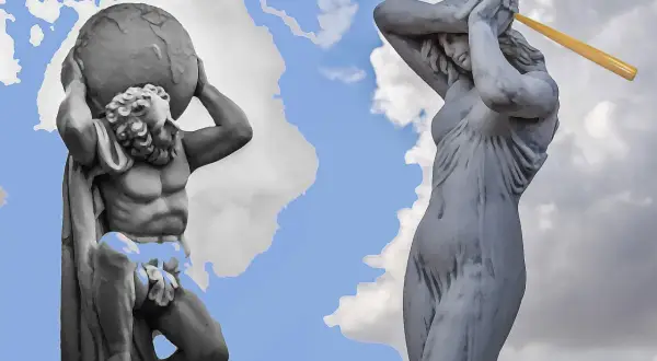 Atlas portant le monde, une statue grecque, se tient fièrement sous un ciel bleu et nuageux. À ses côtés, une autre statue, peut-être une déesse, lève un objet jaune au-dessus de sa tête.