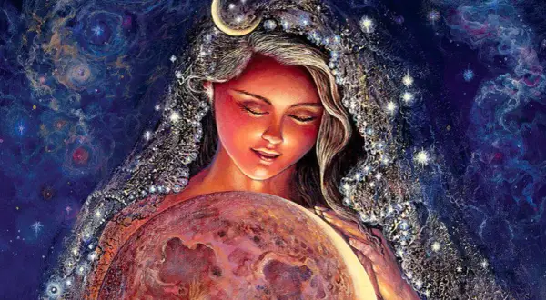 Une femme aux yeux clos, coiffée d'un croissant de **selene lune**, enlace une sphère lumineuse. Son voile scintille d'étoiles sur fond cosmique.