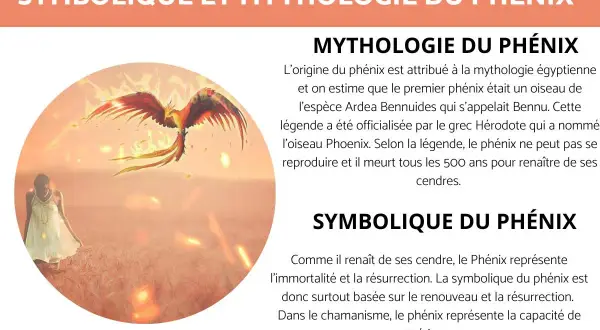 Un phénix flamboyant s'envole au-dessus d'une femme agenouillée, symbolisant la renaissance et l'immortalité dans la mythologie.