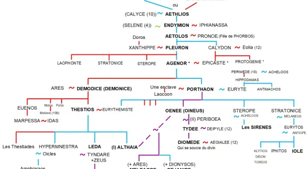 Arbre généalogique montrant la descendance de Protogénie, incluant les figures de Leda, Castor et Pollux, ainsi que leurs ancêtres.