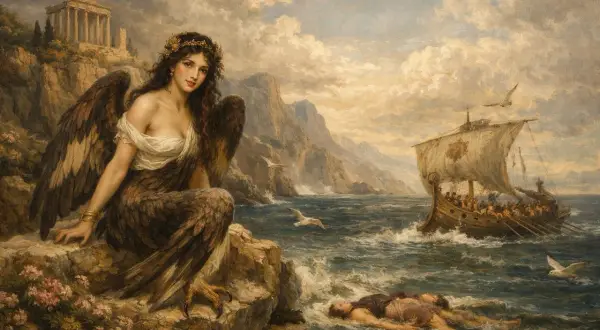Une sirène mythologie, aux ailes d'aigle et au corps écailleux, observe un navire antique. Un homme flotte, inconscient, dans les vagues déchaînées.