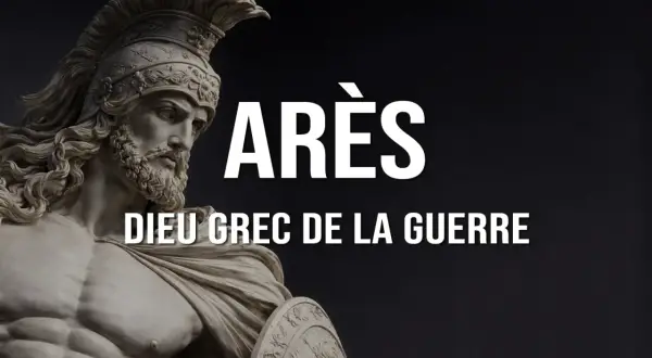 Statue d'Arès, dieu grec de la guerre, portant un casque et un bouclier.
