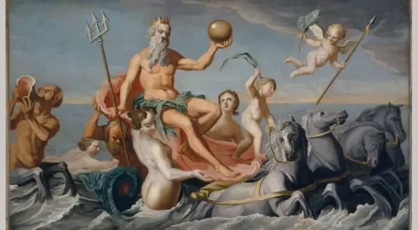 Neptune, le dieu de la mer, trône sur un char tiré par quatre chevaux marins. Un triton souffle dans un cor, tandis que des putti célèbrent sa puissance.