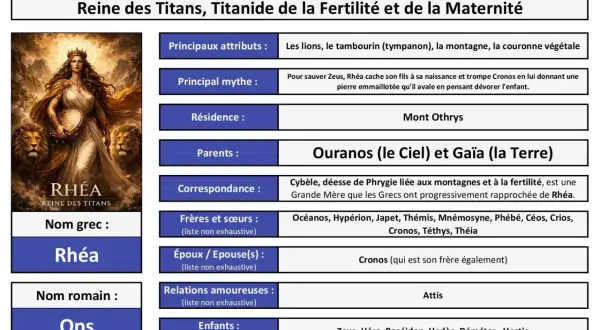 Rhéa, mère de Zeus, reine des Titans, représentée avec des lions et un tambourin, symbolisant la fertilité et la maternité.