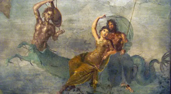 Une femme, peut-être une nymphe, est portée par un homme mi-homme mi-poisson, évoquant Poséidon. Un autre personnage marin est à gauche.