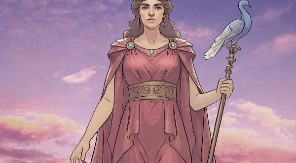 La déesse Héra, couronnée et vêtue de rose, tient un sceptre surmonté d'un paon. Sa signification est celle de la royauté et de la protection du mariage.
