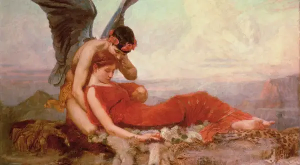Morphée, le dieu des rêves, enlace Calliope, muse de la poésie épique, dans un paysage onirique.