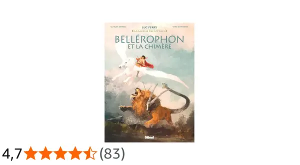 Bellérophon, sur Pégase, affronte la Chimère, monstre à tête de lion, de chèvre et de serpent. L'illustration dépeint ce combat mythologique.