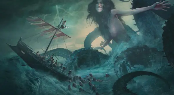 Scylla, monstre marin de la mythologie, attaque un navire. Ses tentacules s'élèvent des flots déchaînés, menaçant les marins terrifiés.