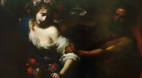 Le ravissement de Perséphone par Hadès. On y voit la jeune femme, couronnée de fleurs, saisie par une main puissante. Ses parents, Déméter et Zeus, sont absents de cette scène.