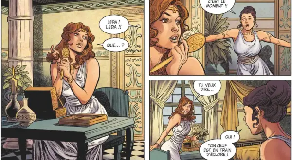 Léda, peut-être une ancienne maîtresse de Zeus, se prépare. Une autre femme s'exclame : "Ton œuf est en train d'éclore !