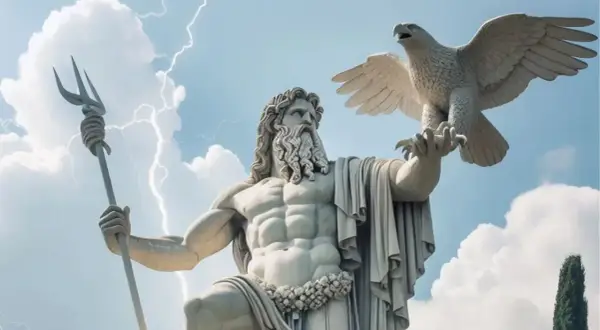 Statue du dieu de la pluie grec, Zeus, tenant un trident et un aigle, sous un ciel orageux.