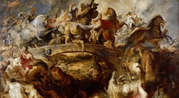 La bataille acharnée des Amazones sur un pont, où hommes et chevaux s'affrontent dans un chaos dramatique.