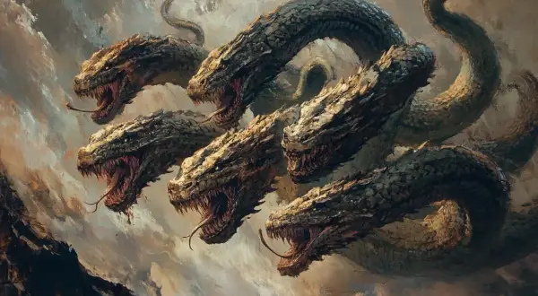 L'hydre de Lerne, créature mythologique aux multiples têtes de serpent, émerge des brumes, gueules ouvertes et langues bifides sifflantes.