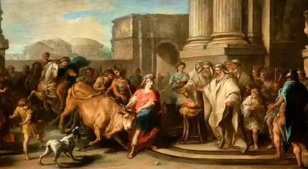 Thésée, jeune héros, maîtrise le taureau crétois. Une foule observe ce moment clé du mythe de Thésée résumé, avant son voyage vers le labyrinthe.