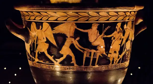 Vase antique représentant une scène de la mythologie grecque, possiblement Jason et la Toison d'Or, avec des figures ailées et des divinités.