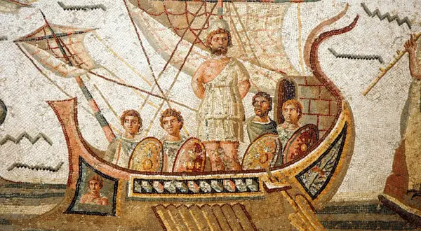 Mosaïque romaine : Ulysse, tel un dieu, mène ses hommes sur un navire, prêt pour l'aventure.