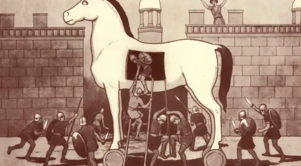 Le cheval de Troie, un stratagème de la mythologie grecque, est introduit dans la cité. Des guerriers grecs sortent de sa panse.
