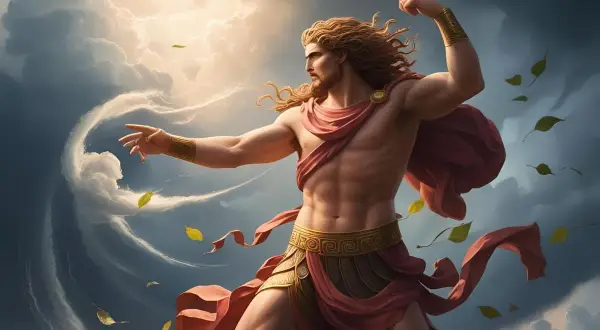 Un homme musclé, drapé de rouge, semble commander les éléments. Des feuilles volent autour de lui, et des nuages tourbillonnent, évoquant le dieu du vent.