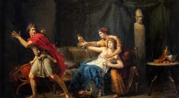 Scène dramatique de la mythologie grecque : Phèdre, tourmentée, repousse Hippolyte qui s'enfuit.