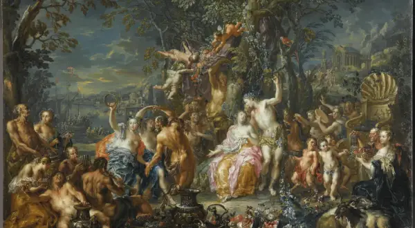 Un cortège joyeux célèbre Dionysos, brandissant un thyrse orné de feuilles de vigne. Amours, nymphes et satyres dansent au crépuscule.