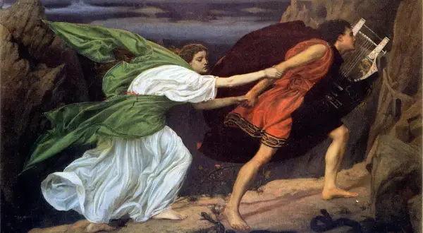 Orphée, sa lyre sur le dos, est retenu par Eurydice qui le tire en arrière, le regard plein de désespoir.