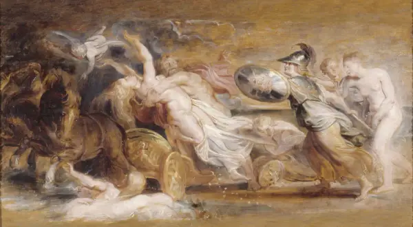 Enlèvement de Proserpine par Pluton, scène dramatique de la mythologie grecque. Une femme est emportée dans un char tiré par des chevaux.