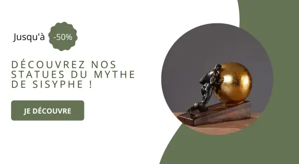 Statue d'un homme luttant pour pousser un rocher de Sisyphe doré. Découvrez nos statues du mythe de Sisyphe !