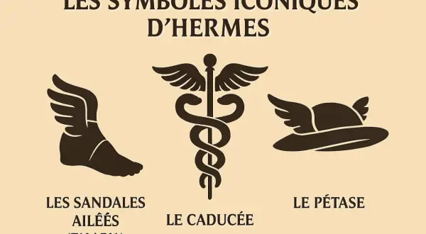 Les symboles iconiques d'Hermès : sandales ailées, caducée et pétase. Le dieu messager est représenté par ces emblèmes.