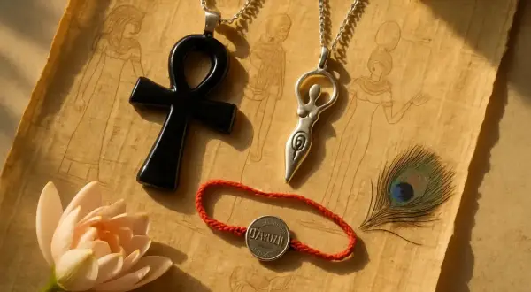 Pendentifs, fleur de lotus, plume de paon et bracelet sur un papyrus orné de figures. L'un des pendentifs évoque une déesse de la pluie.