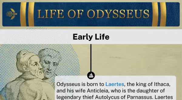 Dessin de deux hommes, texte "Early Life" et "LIFE OF ODYSSEUS".