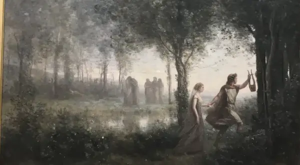 Orphée guide Eurydice hors des enfers, une scène mythologique dans une forêt brumeuse.