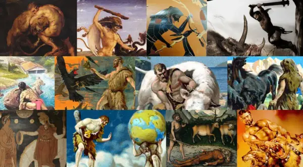 Collage d'images illustrant les 12 travaux d'Hercule, expliquant pourquoi Hercule doit faire ces épreuves pour expier ses fautes.