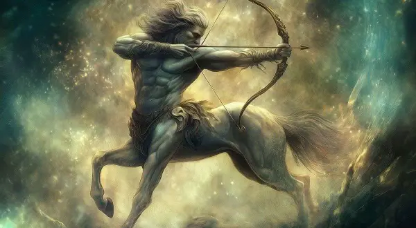 Chiron, le centaure sage de la mythologie grecque, bandant son arc dans un ciel étoilé.