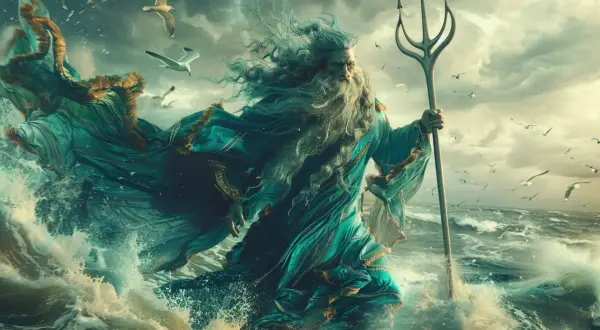 Le dieu de l'eau, barbu et majestueux, brandit son trident au milieu des vagues déchaînées et des mouettes. Sa robe turquoise flotte au vent.