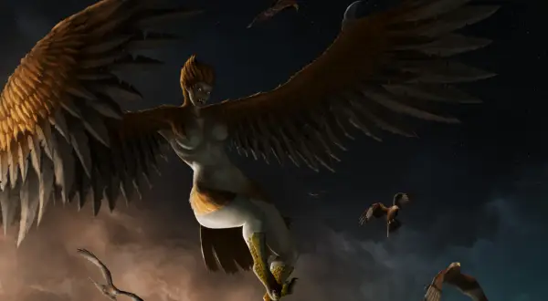Une harpie, créature de la mythologie, plane dans le ciel nocturne, ses ailes immenses déployées. D'autres oiseaux l'accompagnent dans cette scène onirique.