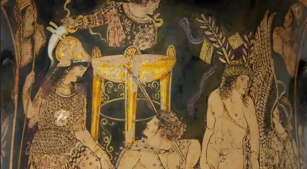 Scène antique : Antigone, Œdipe et d'autres figures mythologiques autour d'un autel doré.