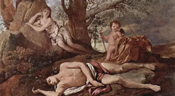 Narcisse, objet de l'amour d'Écho, repose endormi. Un putto, peut-être Cupidon, veille sur lui, rappelant la tragédie de l'écho mythologie.