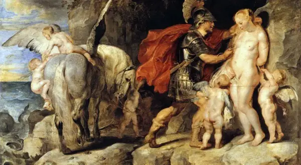 Persée mythologie, armé et casqué, s'approche d'Andromède, entourée de putti. Pégase, le cheval ailé, est prêt à s'envoler.
