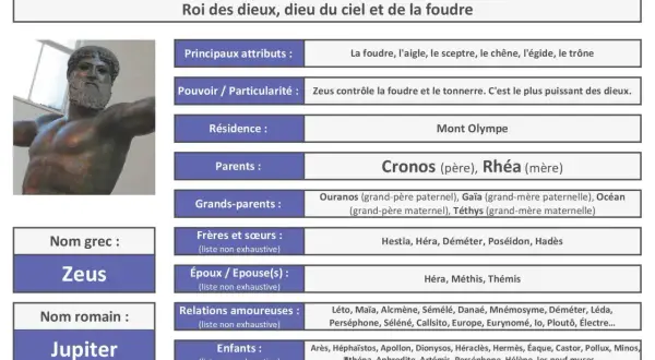 Zeus, roi des dieux, brandit la foudre. Cette fiche détaille ses attributs, sa famille et ses pouvoirs divins.