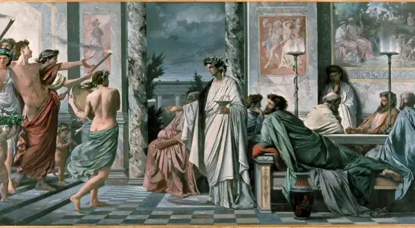 Scène antique avec des hommes en toges, des torches et des couronnes. On y voit des enfants, dont un porte une couronne de fleurs, rappelant qui est Narcisse.