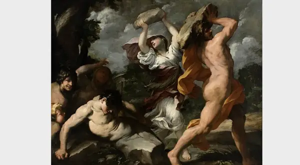 Deucalion et Pyrrha, survivants du déluge, jettent des pierres pour repeupler la Terre. Des figures humaines émergent des rochers.