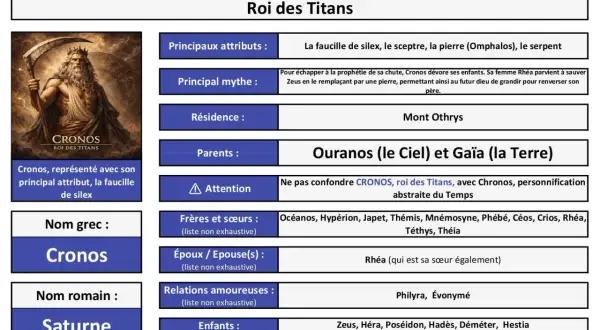 Cronos, roi des Titans, est représenté avec sa faucille. Ce dieu du temps, fils d'Ouranos et Gaïa, est le père de Zeus.