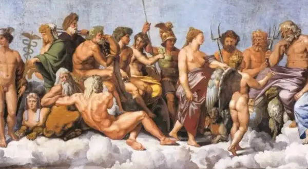 La scène dépeint les dieux grecs, une assemblée divine sur des nuages. Mercure, Apollon, Jupiter et d'autres figures mythologiques sont représentés.
