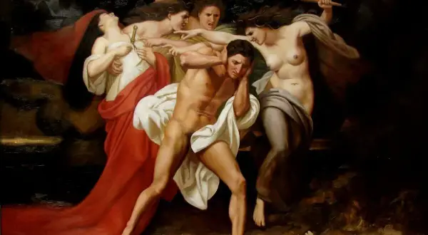 Le mythe d'Oreste : le héros tourmenté par les Furies, qui le poursuivent et le jugent pour le meurtre de sa mère.
