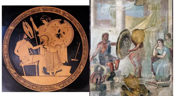 Sur une amphore, Héphaïstos forge une armure pour Aphrodite. Une fresque montre aussi le dieu forgeron et des figures féminines.
