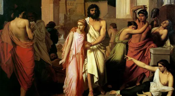 La tragédie des fils d'Œdipe et Jocaste : Antigone guide un Œdipe aveugle, tandis que ses frères s'affrontent dans un bain de sang.